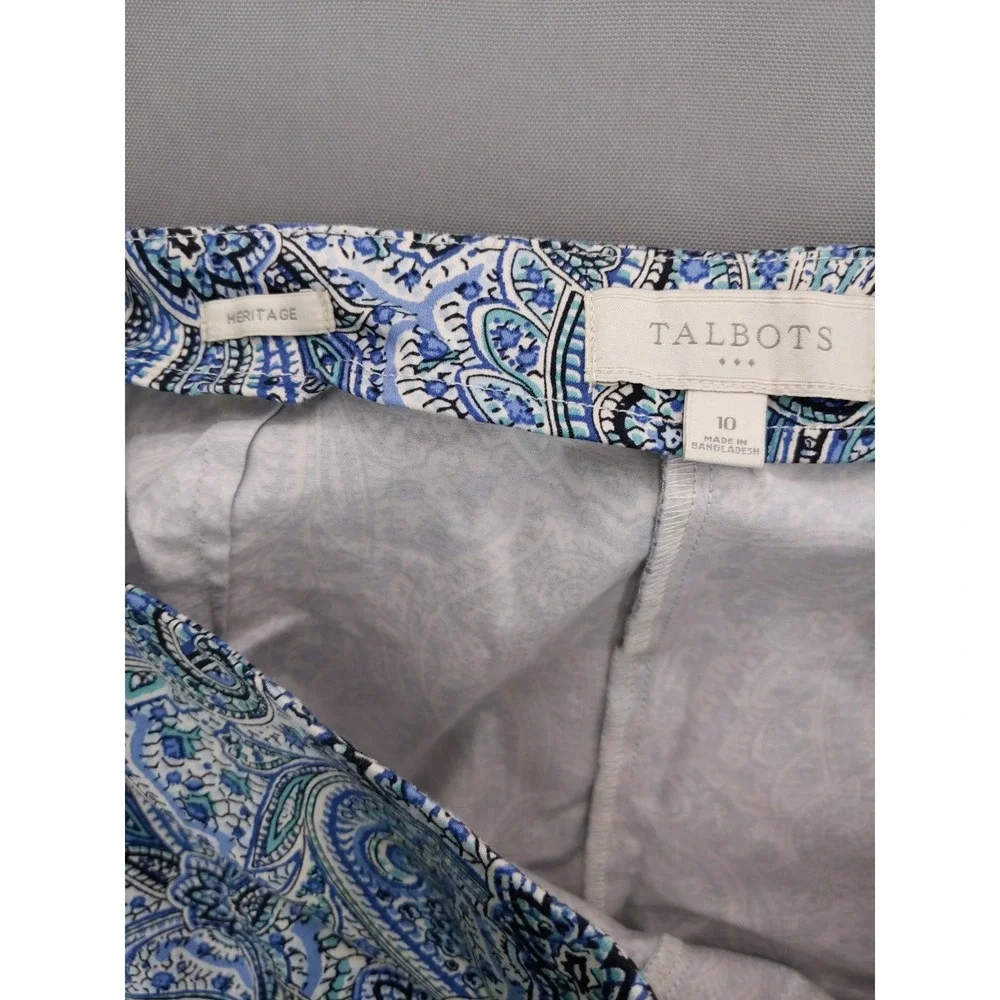 Talbots Heritage Ankle Pants Women 10 Blue Paisley Side Zip Straight Leg‎
